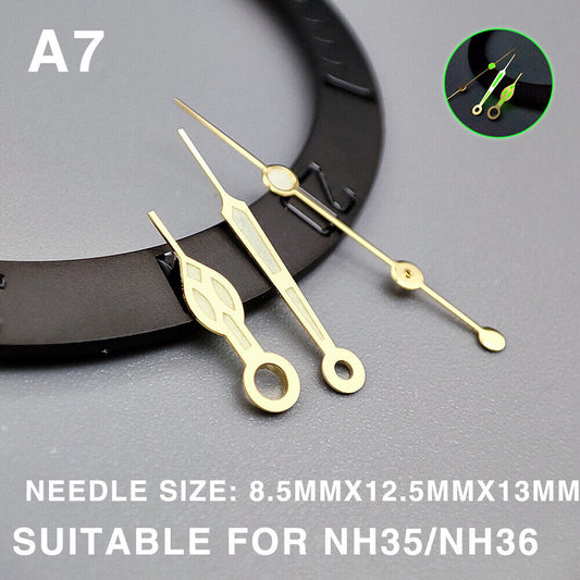 Green luminous watch hands with golden trim, 13mm, compatible with Miyota NH35/NH36/NH38 movements, brand precision.