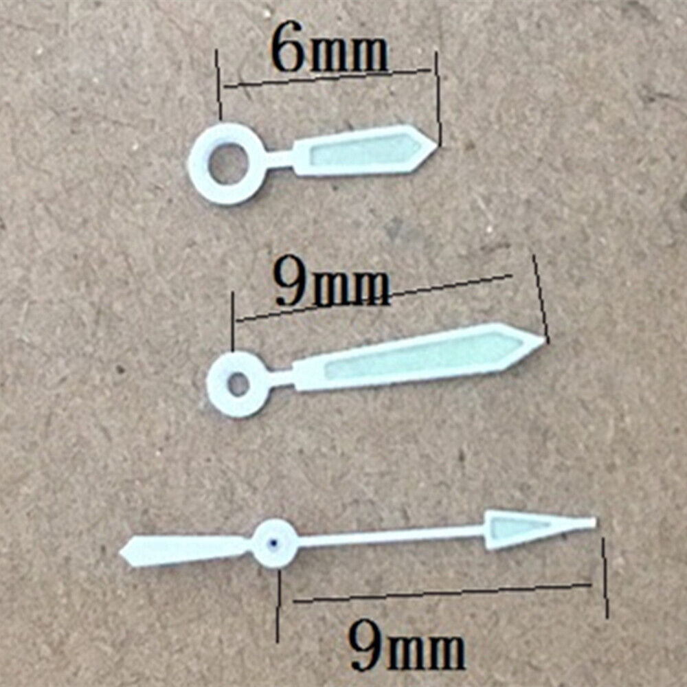 9mm silver-trimmed green lume watch hands for Hattori Epson PC32 quartz movement, precise fit.