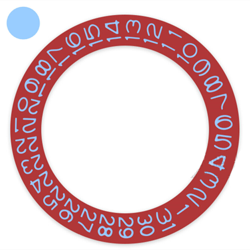Carolina Blue font date wheel for Miyota NH35 NH36 watch movement on red background.