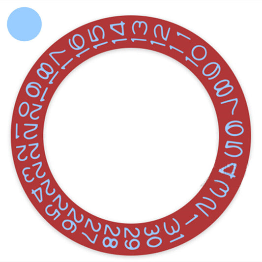 Carolina Blue font date wheel for Miyota NH35 NH36 watch movement on red background.