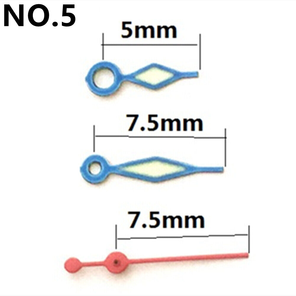 7.5mm diamond-shaped green lume watch hands with blue trim by Miyota, fits 2035 movement.