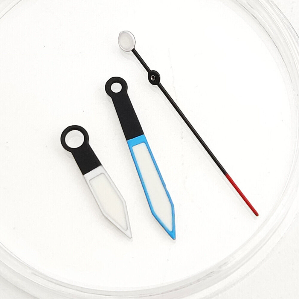 Blue trim green luminous watch hands for NH35A/NH36A movement, precise fit for enhanced readability and style.