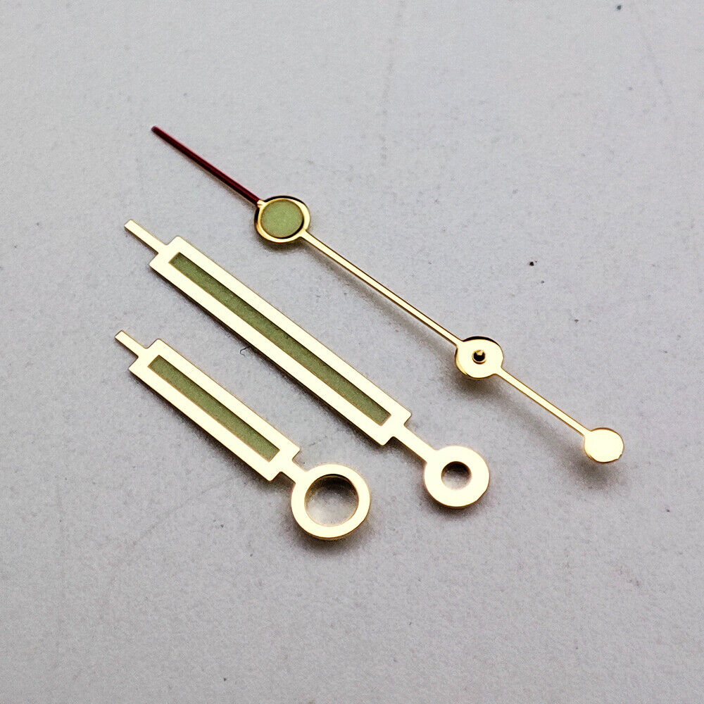 Golden trim green luminous watch hands for NH35A/NH36A movement, enhancing visibility and style.
