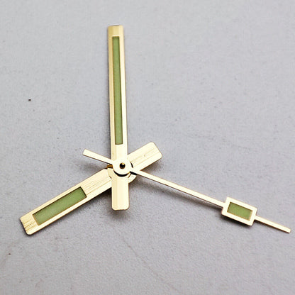 Golden trim green luminous watch hands for NH35A/NH36A movement, enhancing visibility and precision.