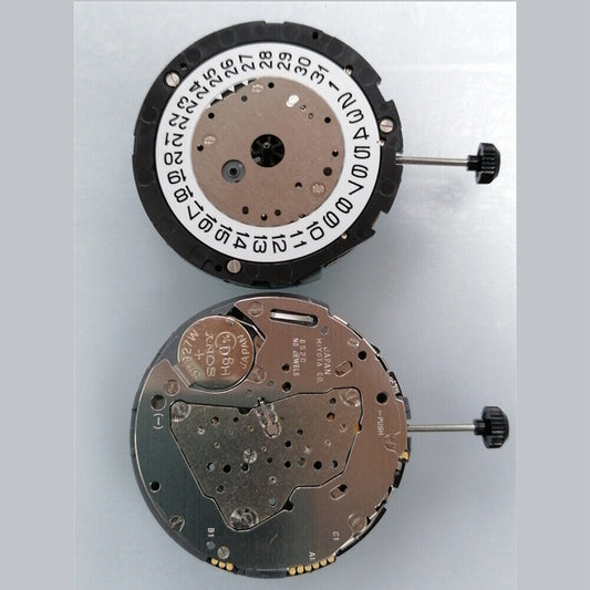 Miyota 6S20 quartz watch movement showing date at 3 o'clock and small seconds at 6 and 9, precise timekeeping