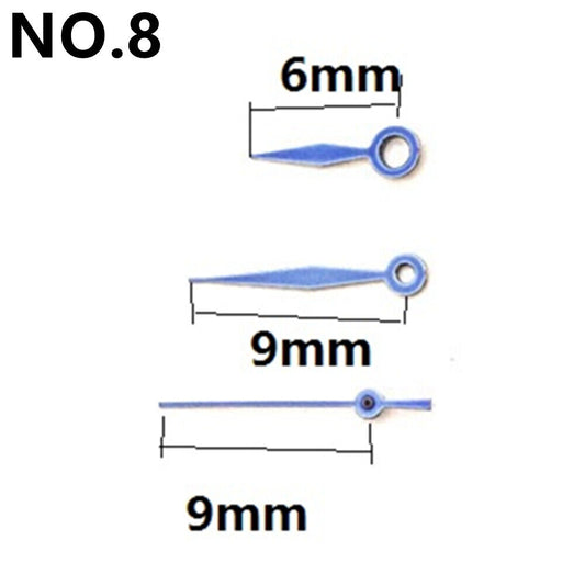 9mm blue diamond-shaped watch hands without lume, compatible with Miyota 2035 quartz, precision design.