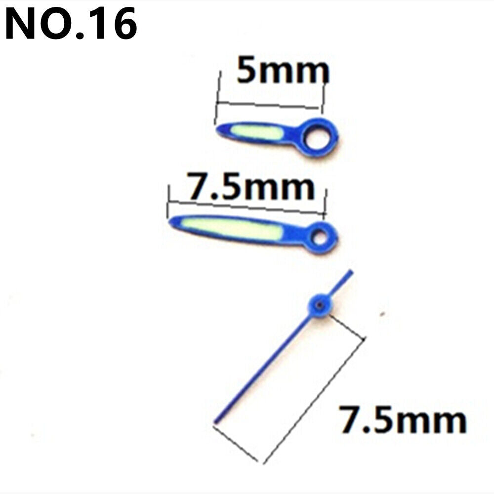 Blue-trimmed 7.5mm green lume watch hands for Miyota 2035, perfect for quartz watches.