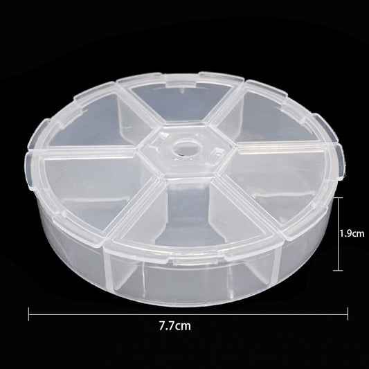 Set of 5 transparent round plastic storage cases with 6 compartments and lids for organizing small watch accessories.