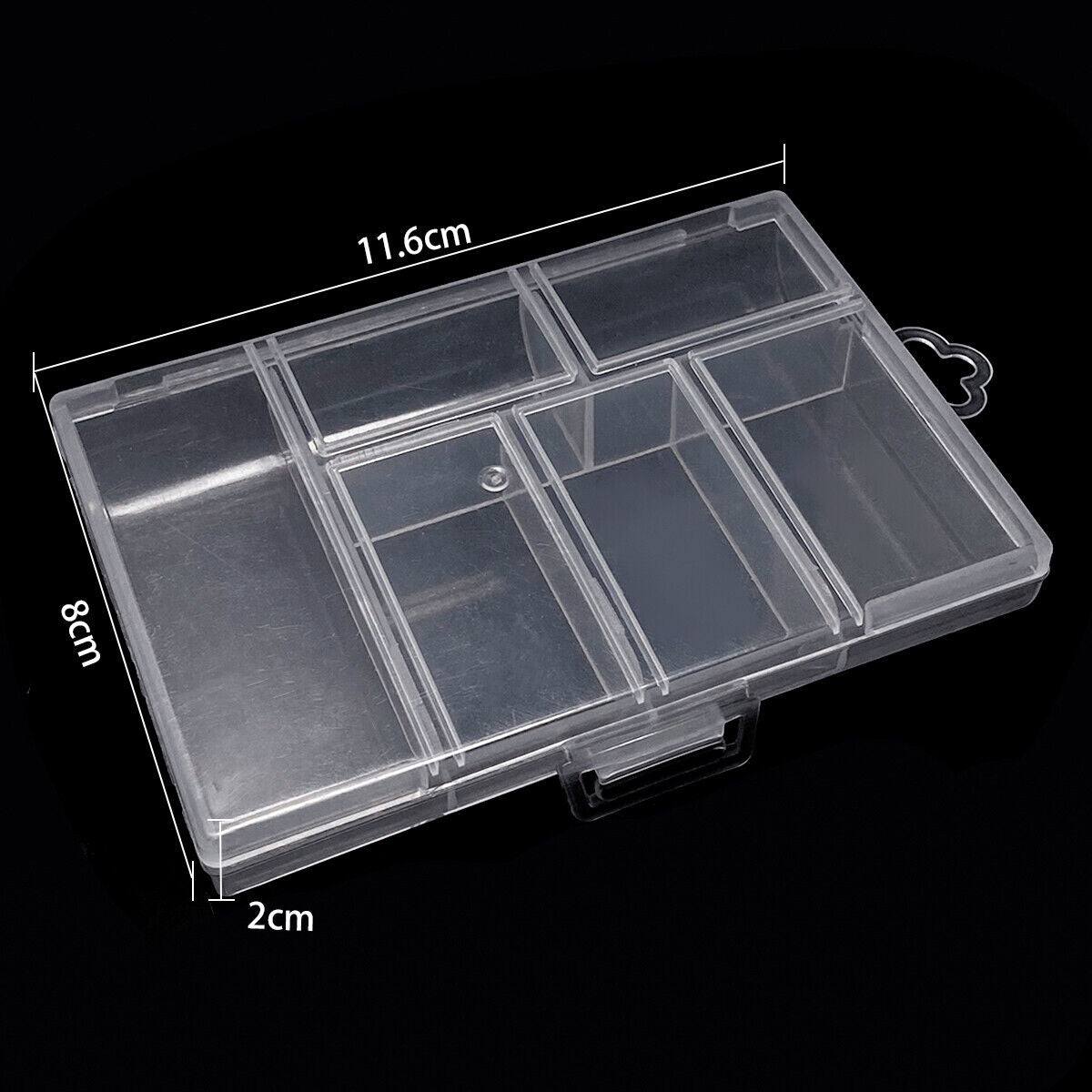 1. Set of 5 transparent rectangular storage containers with lids for organizing small items.  