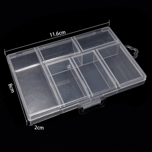 1. Set of 5 transparent rectangular storage containers with lids for organizing small items.  