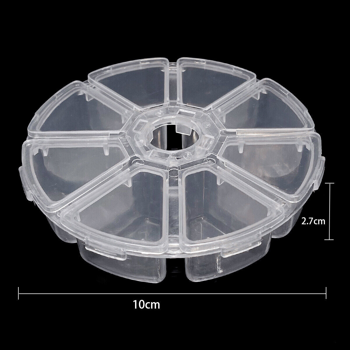 1. Transparent round plastic storage case with 8 grids and lids for organizing small accessories.  