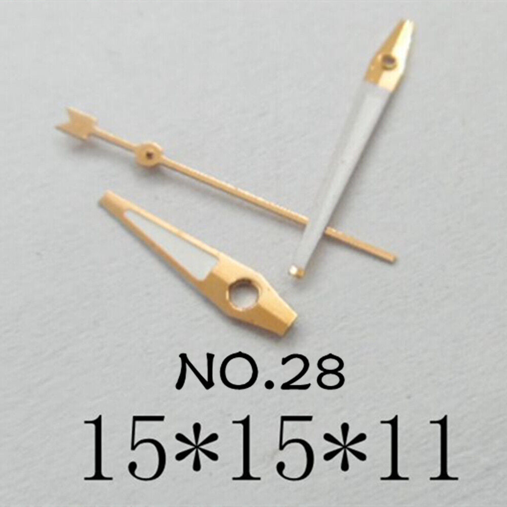 Luminous watch hands set for Miyota 2035 movement, 15mm/15mm/11mm by NO.28, ideal for watch repair.