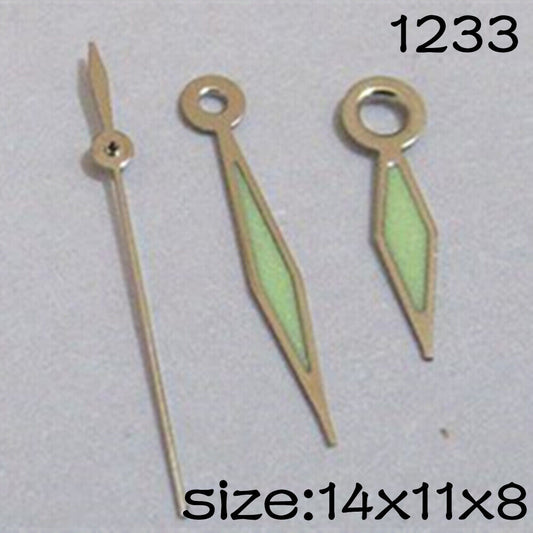 Luminous watch hands set by #1233 for Miyota 2115 movement, sizes 14mm, 11mm, and 8mm.