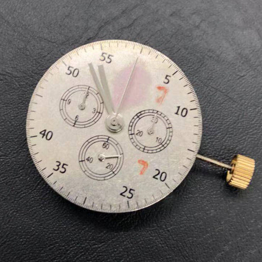 Asian 7750 automatic chronograph movement with ETA 7753 layout showing subdials at 3, 6, and 9 o'clock positions.