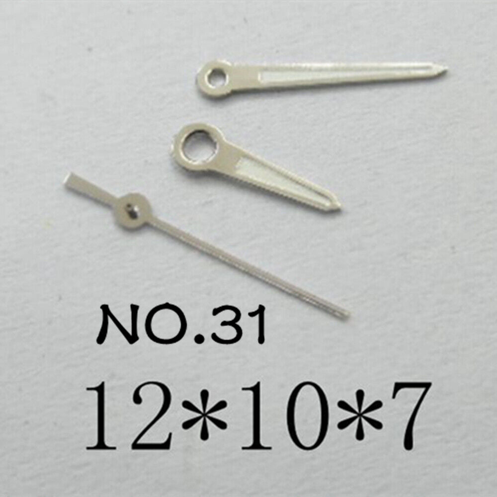 Luminous watch hands set for Miyota 2035 movement, 12mm/10mm/7mm lengths by NO.31, ideal for precise timekeeping.