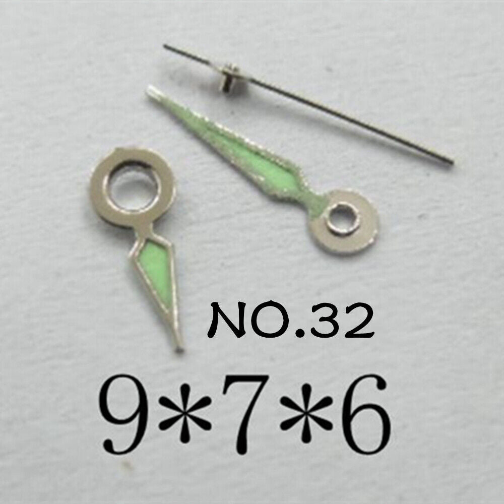 Luminous watch hands set for Miyota 2035 movement, 9mm/7mm/6mm lengths by NO.32, ideal for watch repair.