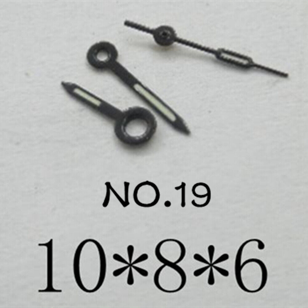 Luminous watch hands set for Miyota 2035, 10mm/8mm/6mm lengths, enhancing visibility and style.