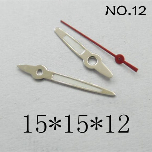 Luminous watch hands set by NO.12 for Miyota 2035, 15mm/15mm/12mm lengths, ideal for precise timekeeping.