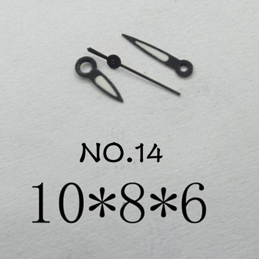 Luminous watch hands set by NO.14 for Miyota 2035 movement, sizes 10mm/8mm/6mm, perfect for watch repair.
