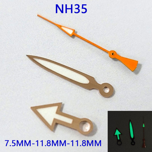 Green luminous watch hands set for NH35A/NH36A/4R36 movement, sizes 7.5/11.8mm by BrandName, perfect for repairs.