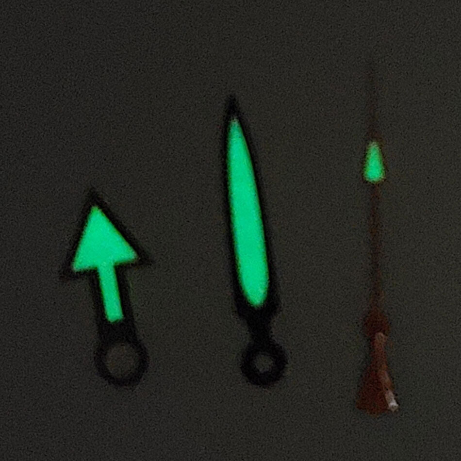 Green luminous watch hands set by BrandName, sized 7.5/11.8mm for NH35A/NH36A/4R36 movements, ideal repair parts.