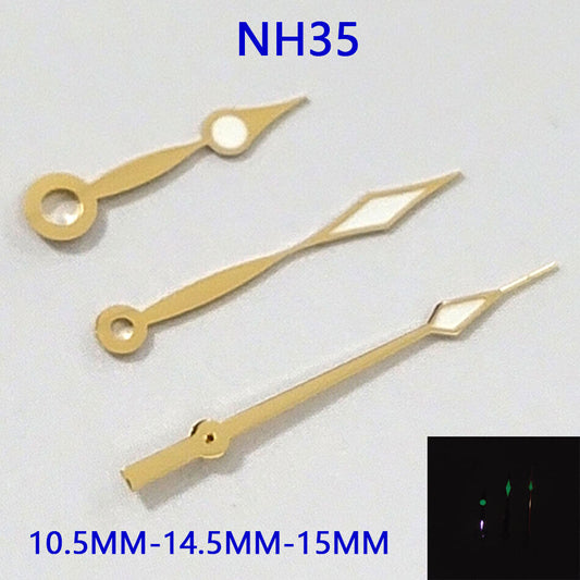 Green luminous watch hands set for NH35A/NH36A movement by A11, precise 10.5/14.5/14.5mm sizes.