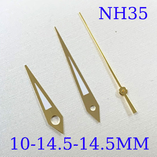 Green luminous watch hands set by A10 for NH35A/NH36A/4R36 movement, sizes 10/14.5mm, perfect for watch repair.