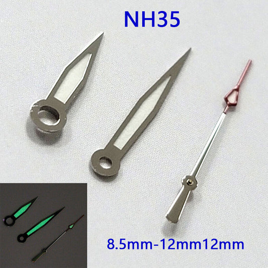 Green luminous watch hands set compatible with NH35A/NH36A/4R36 movements, sizes 8.5/12/12mm.