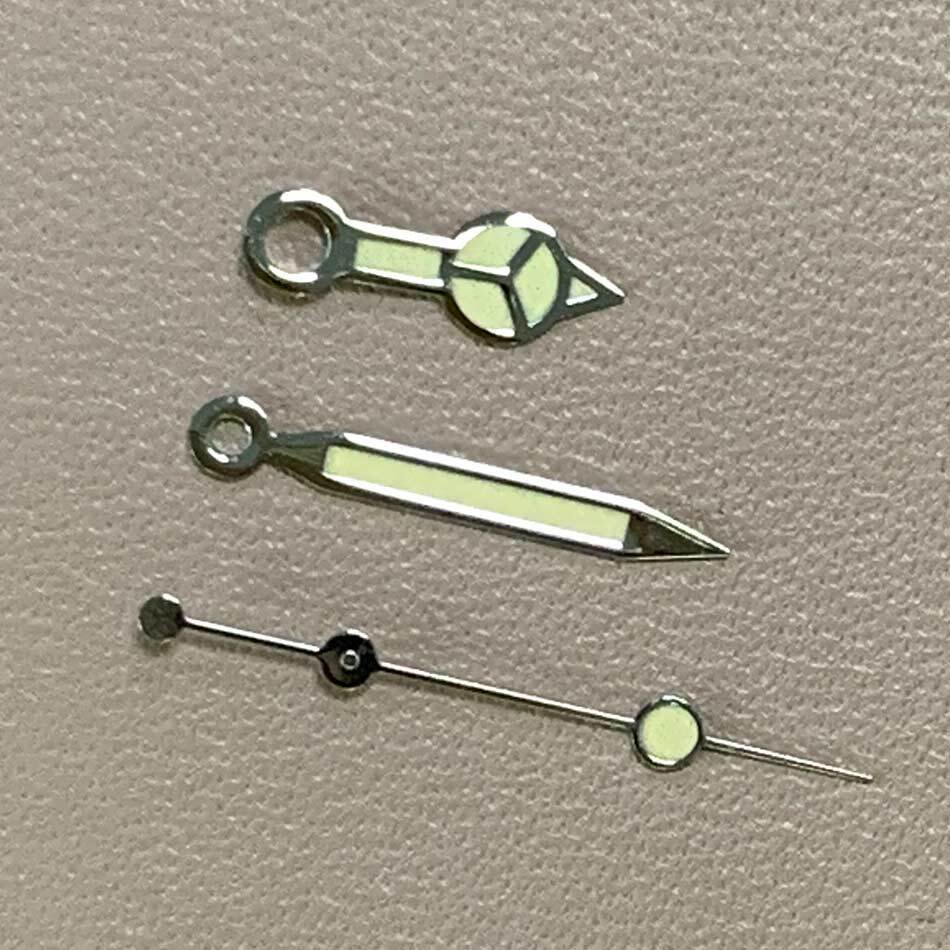 Green luminous orange watch hands set for NH35A/NH36A movement, ideal for precise timekeeping.