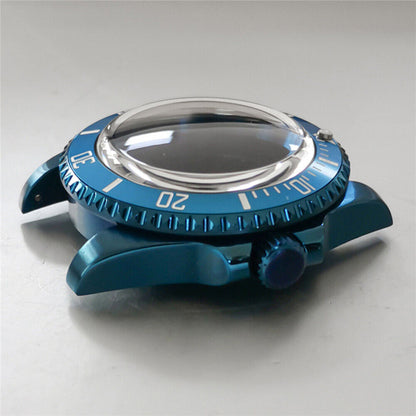 Blue 40MM SUB watch case, stainless steel with sapphire glass, compatible with NH35/NH36 movements.