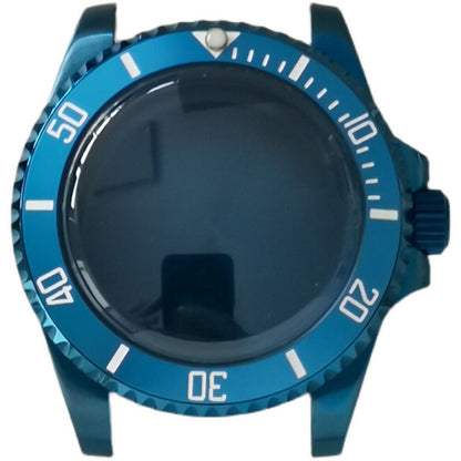 Blue 40MM SUB watch case, stainless steel with sapphire glass, compatible with NH35/NH36 movements.