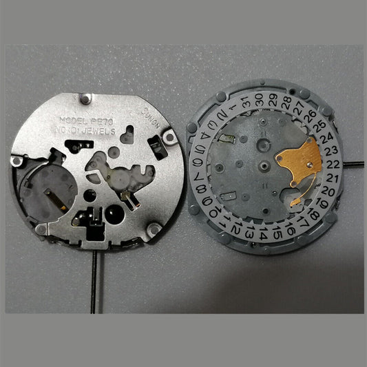 Sunon PE70 quartz watch movement with 3 hands, date at 3, and small seconds at 6 and 9 positions.