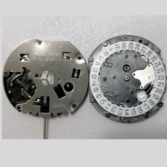 Sunon PE90 quartz watch movement with 3 hands, date at 3, small seconds at 3, 6, and 9 positions