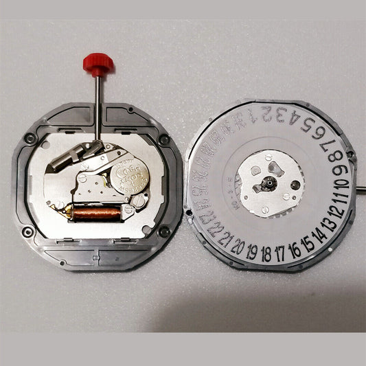 Quartz watch movement Miyota 2415 with 3 hands and date at 6, brand new for precise timekeeping.
