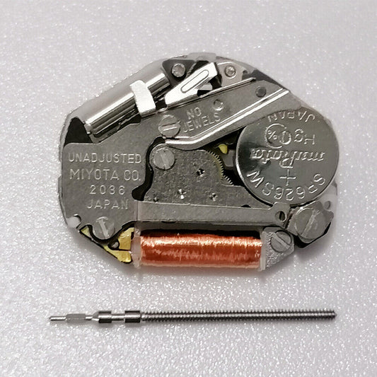 Quartz watch movement Miyota 2036 with 3 hands, high pinion H2, and stem for precise watch repair.