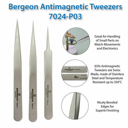 Bergeon 7024 Lot de 3 pinces non magnétiques