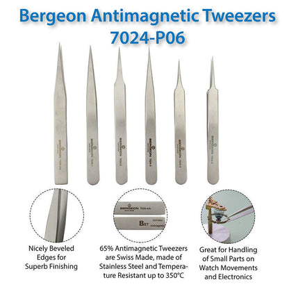 Bergeon 7024 Lot de 6 pinces antimagnétiques pour horloger suisse