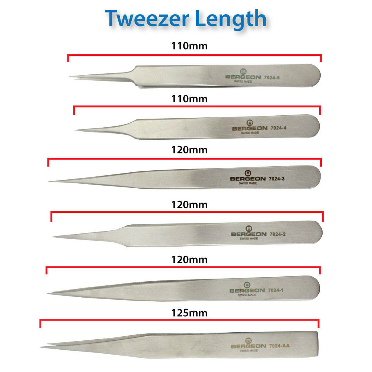 Bergeon 7024 Lot de 6 pinces antimagnétiques pour horloger suisse