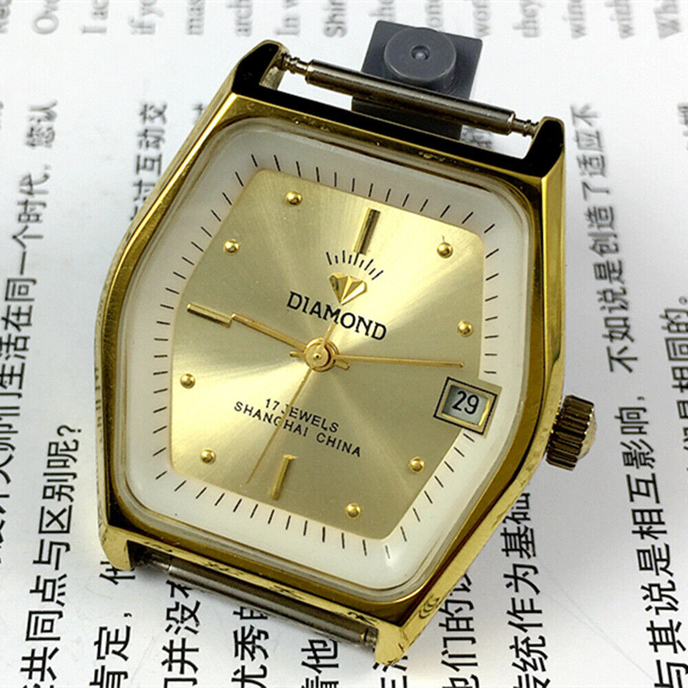 33mm Shanghai watch with diamond accents, manual movement, single calendar, 17 jewels for elegant timekeeping.