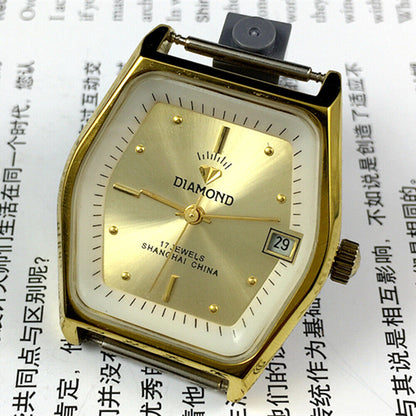 33mm Shanghai watch with diamond accents, manual movement, single calendar, 17 jewels for elegant timekeeping.