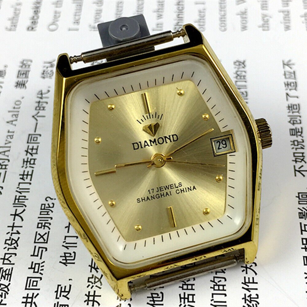33mm Shanghai watch with diamond accents, manual mechanical movement, single calendar, 17 jewels in elegant design.
