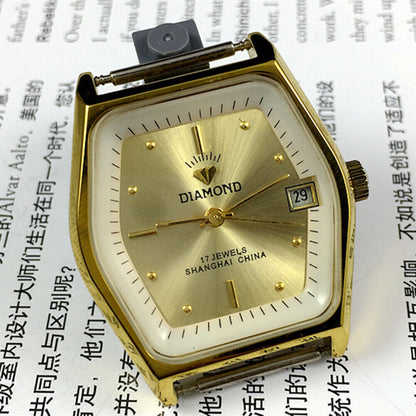 33mm Shanghai watch with diamond accents, manual mechanical movement, single calendar, 17 jewels in elegant design.