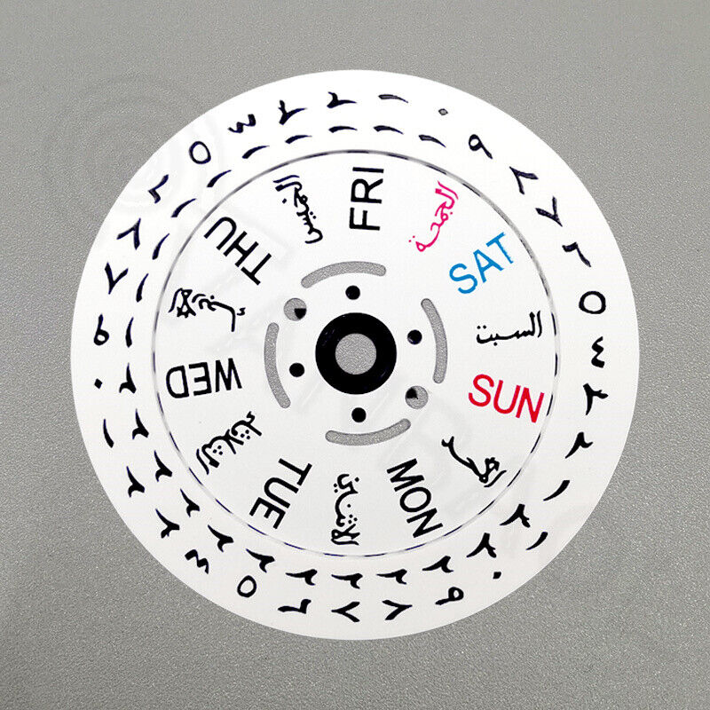 White Arabic and English date and week disk wheels for NH36 movement watch accessories.