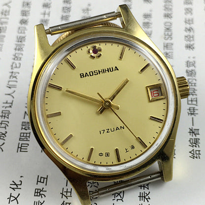 Yellow dial 33mm manual mechanical watch with single calendar, 17 jewels, shock-resistant.