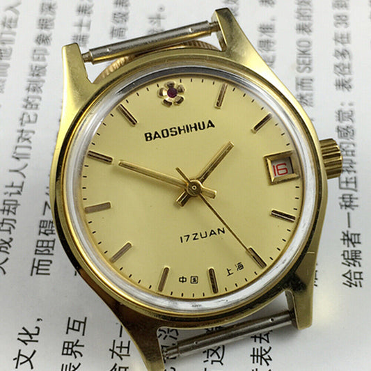 Yellow dial 33mm manual mechanical watch with single calendar, 17 jewels, shock-resistant.