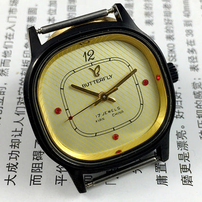 32mm Chinese Xian Manual Mechanical Watch 17 Jews Yellow Dial Black Square Case