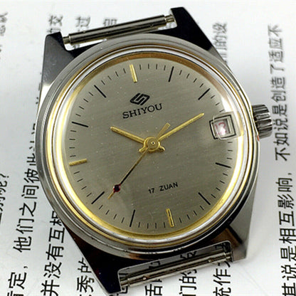 Shiyou 32mm grey manual mechanical watch with 17 jewels and single calendar display.