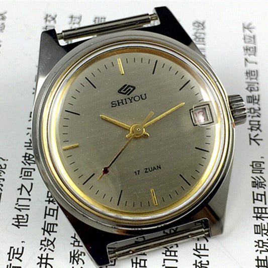 Shiyou 32mm grey manual mechanical watch with 17 jewels and single calendar display.
