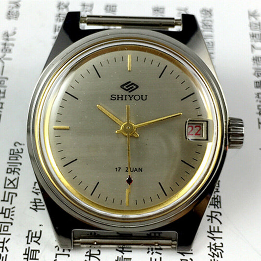 Shiyou 32mm grey manual mechanical watch with 17 jewels and single calendar display.