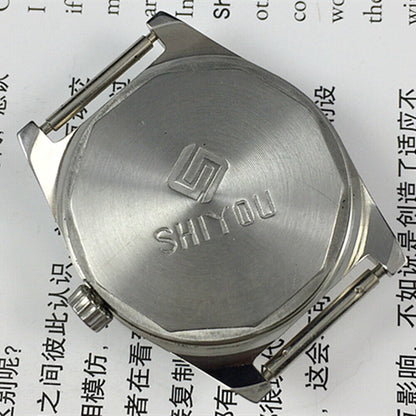Shiyou 32mm grey manual mechanical watch with 17 jewels and single calendar on leather strap.